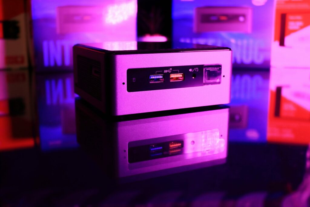 intel nuc concept, mini pc reflected in the mirror