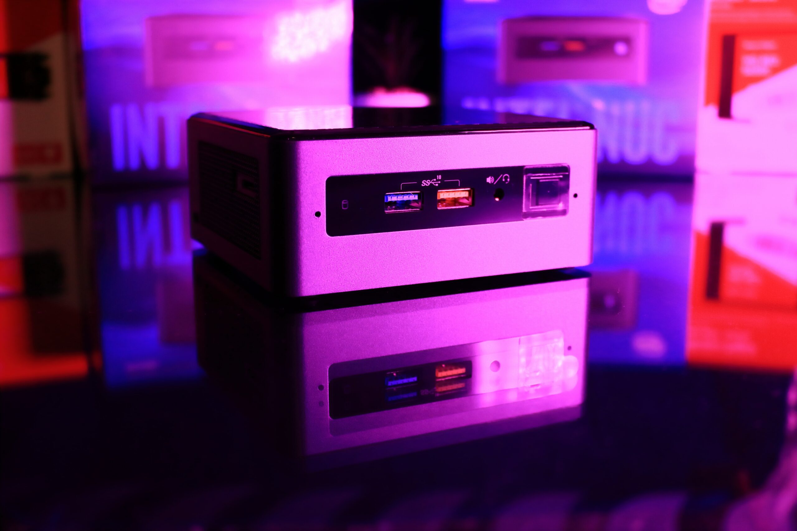 intel nuc concept, mini pc reflected in the mirror